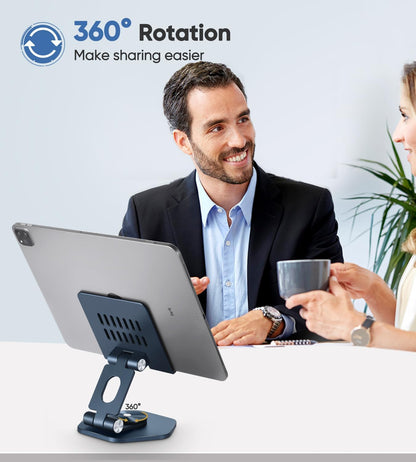 Aluminum Tablet Stand for Desk, 360° Swivel iPad & Tablet Holder – Thickened Material & Foldable Desktop Mount for 5–12.9in Devices, Black