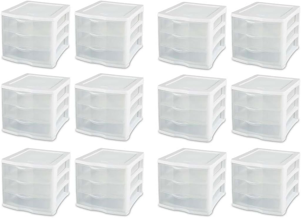 Sterilite 4-Pack 3 Drawer Unit, Stackable Plastic Organizer with Drawers, White Frame - Multi-Purpose Countertop Storage Containers for Office Supplies, Craft Rooms, Classrooms and Home Organization