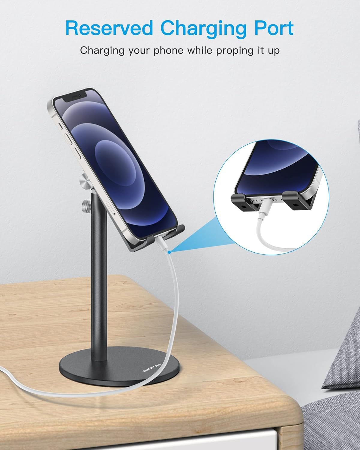 OMOTON Cell Phone Stand, Angle Height Adjustable Phone Holder, Aluminum Desktop Phone Dock for Desk, Compatible with iPhone 17 Pro Max, All Smartphones and Tablets(4-11''), Silver