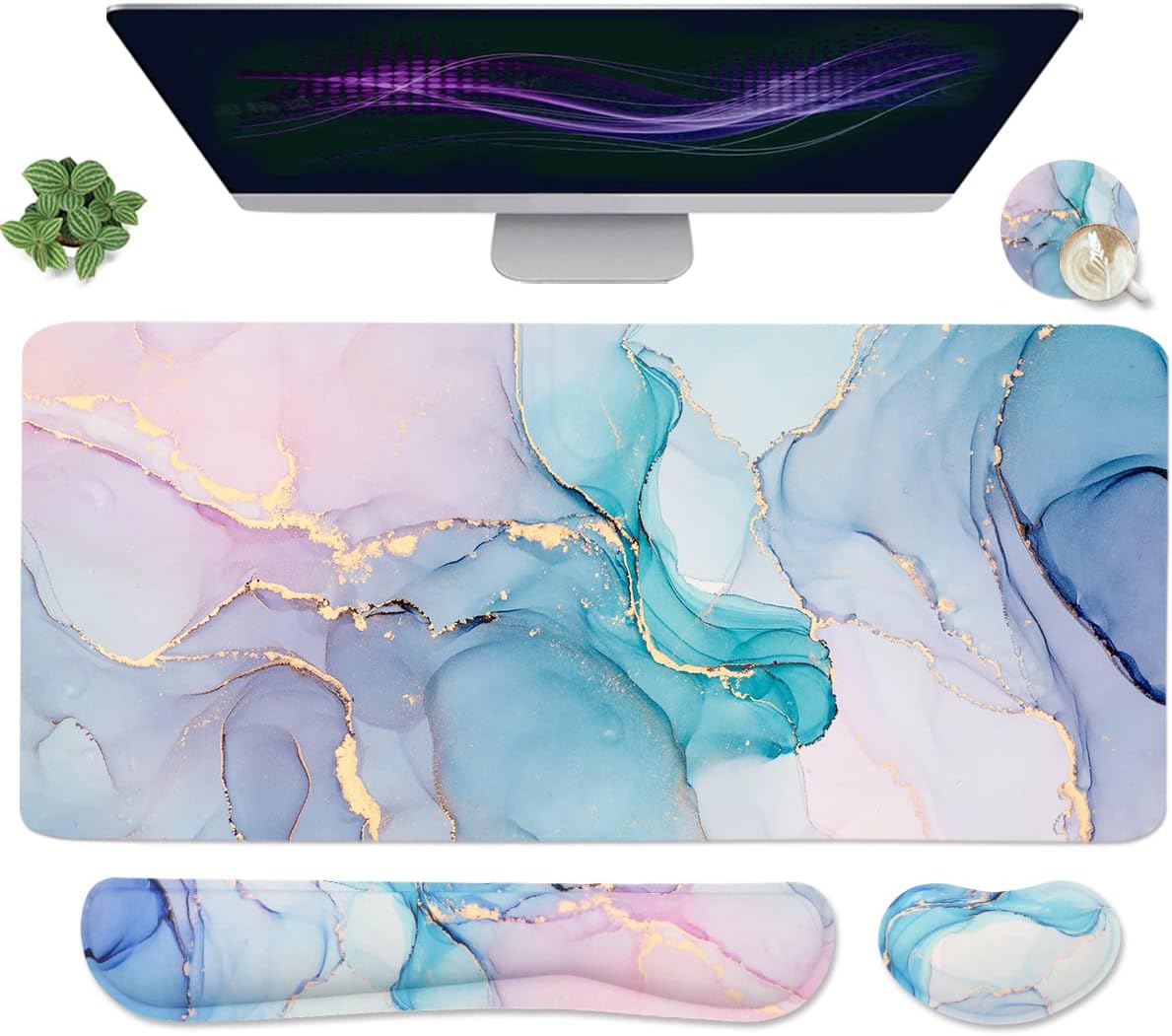 Large Mouse Pad and Keyboard Wrist Rest, Desk Pad for Keyboard and Mouse, 4-in-1 Large Gaming Mouse Pad with Wrist Support, Desk Mat for Home Office Study Game-Galaxy Fluid