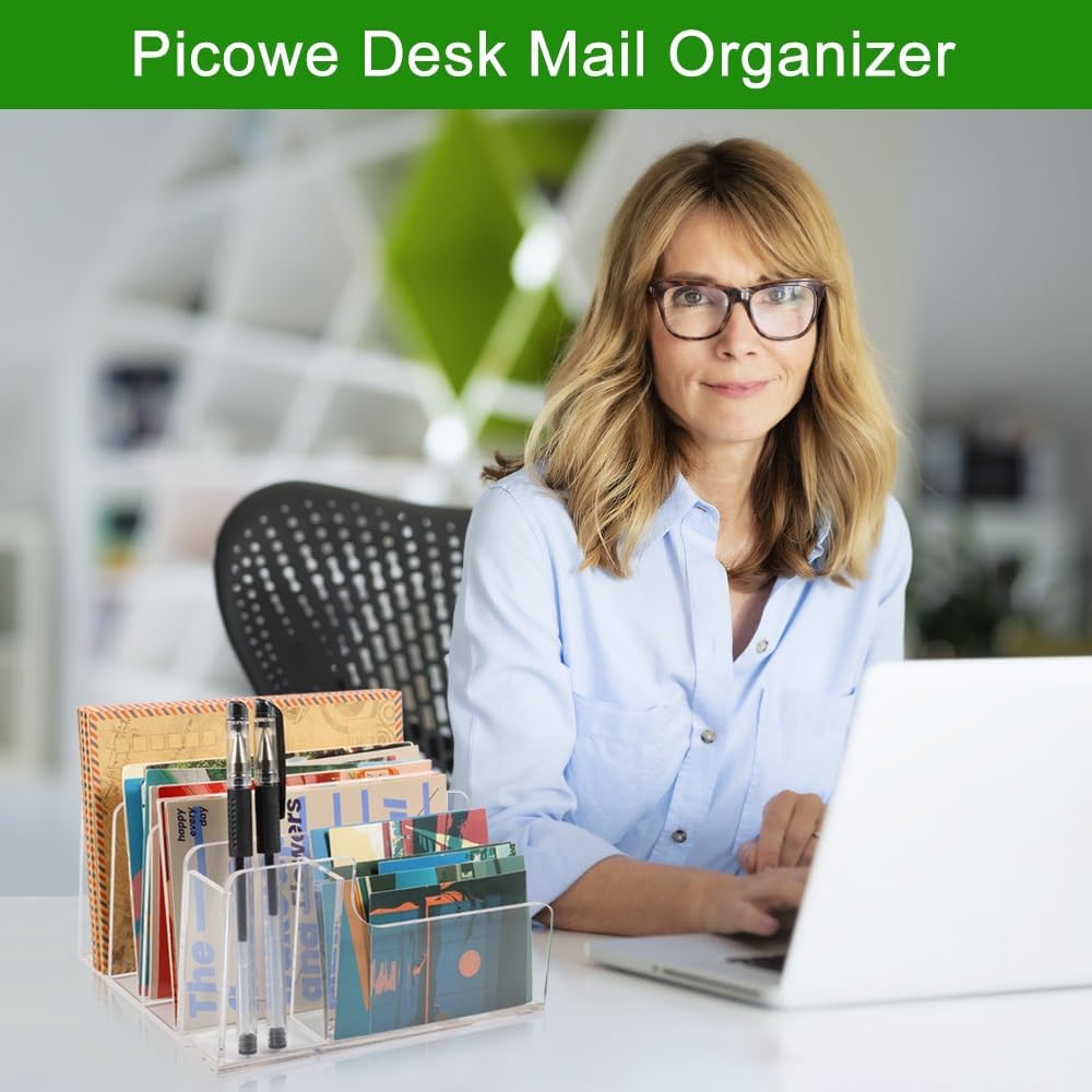 Picowe Acrylic Mail Organizer, 3-Tier Desktop File Holder for Letters, Envelopes, Bills, Paper, Desk Organizer Vertical Letter Sorter for Office and Home