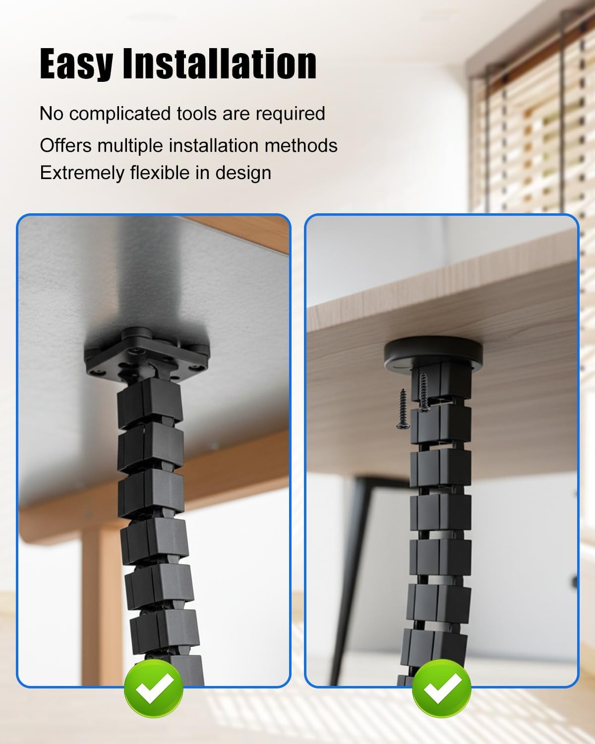 Under Desk Vertebrae Cable Management Fit for Sit Stand Desk, Chain Raceway Cable Management, Magnetic Flexible Wire Spine Adjustable Length, Black