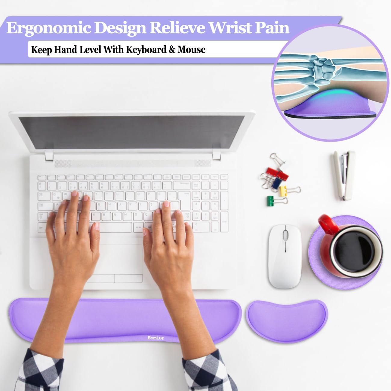 BamLue Upgrade Silky and Superfine Fabric Keyboard Wrist Rest, Gel Mouse Wrist Pillow Pad Set for Easy Typing & Pain Relief for Laptop, Office & Home, Ergonomic Sets for Keyboard-Pink