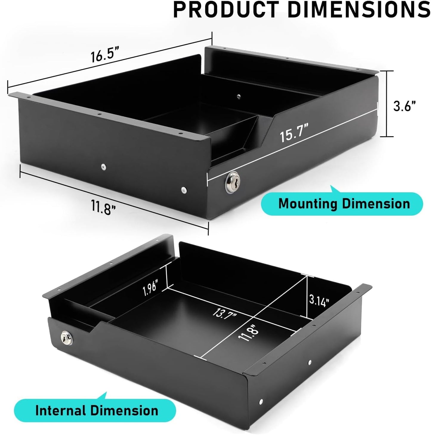 Under Desk Drawer Storage with Lock, Metal Undermount Table Drawer, Ball Bearing Slides Out Tray Organizer for Paper, Pencil, and Laptop 16"x11.8"x3.6", White