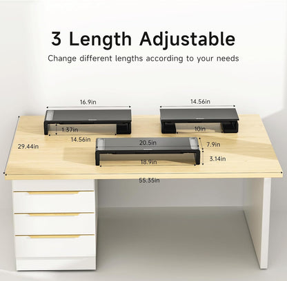 OImaster Monitor Stand Riser, Foldable Computer Monitor Riser, Adjustable Length Computer Stand and Storage Drawer & Pen Slot, Phone Stand Compatible Computer, Desktop, Laptop, Save Space (White-Basic)