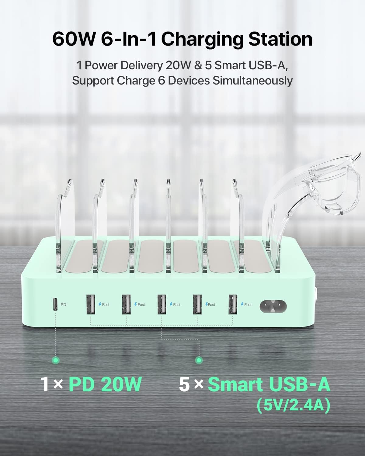 SooPii 60W 6-Port PD Charging Station for Multiple Devices, 20W PD USB C Fast Charging for lPhone 14/13/12,6 Short Cables Included, 2 in 1 Holder,for Phones,Tablets and Others…