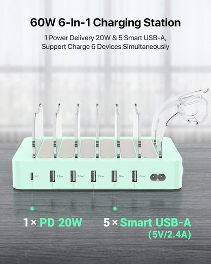 SooPii 60W 6-Port PD Charging Station for Multiple Devices, 20W PD USB C Fast Charging for lPhone 14/13/12,6 Short Cables Included, 2 in 1 Holder,for Phones,Tablets and Others…