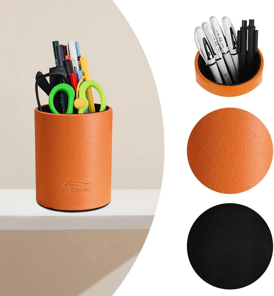 Leather Pen Holder, Brown Pencil Holder, Desktop Elegant Pen Holder for Desk, Stationery Organizer for School Office Home Dorm (3.3" x 3.3" x 4", Brown)