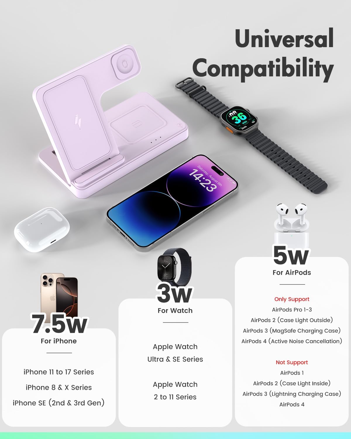 Wireless Charger Stand Charging Station: 3 in 1 Charger Stand Multiple Devices for Apple - iPhone 17 16e 16 15 14 Pro Max 13 12 - Watch 11 10 9 8 7 6 5 4 3 2 SE and Ultra Series-Airpods 4 3 Pro, Pink