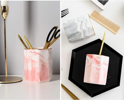 WAVEYU Ceramic Pen Holder for Desk Cute, Pencil Cup Pot Desk Organizer, Makeup Brush Holder for Women, Men, Kids, Desk Marble Decor for Office, Classroom, Home, Gray Golden