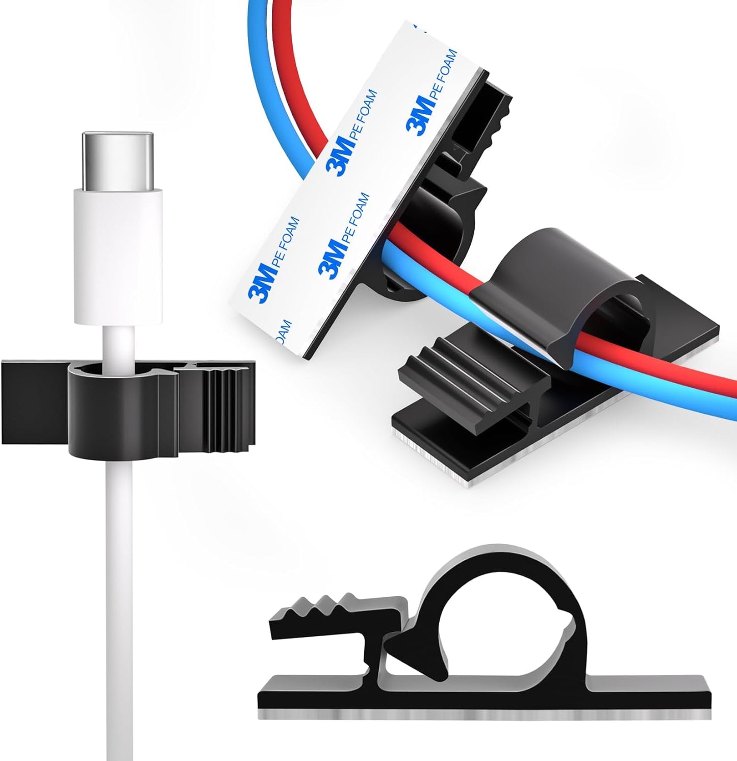 XHF 100pcs Adhesive Cable Wire Clips Black, Outdoor Cable Management Wire Organizer Cord Holder for Under Desk, Car, Wall, TV PC Ethernet Cable