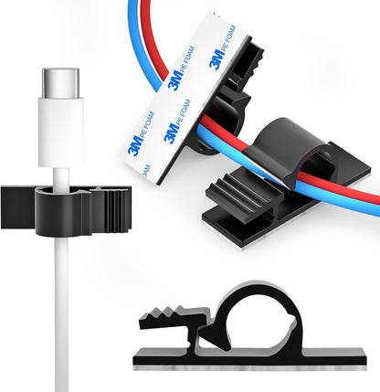 XHF 100pcs Adhesive Cable Wire Clips Black, Outdoor Cable Management Wire Organizer Cord Holder for Under Desk, Car, Wall, TV PC Ethernet Cable