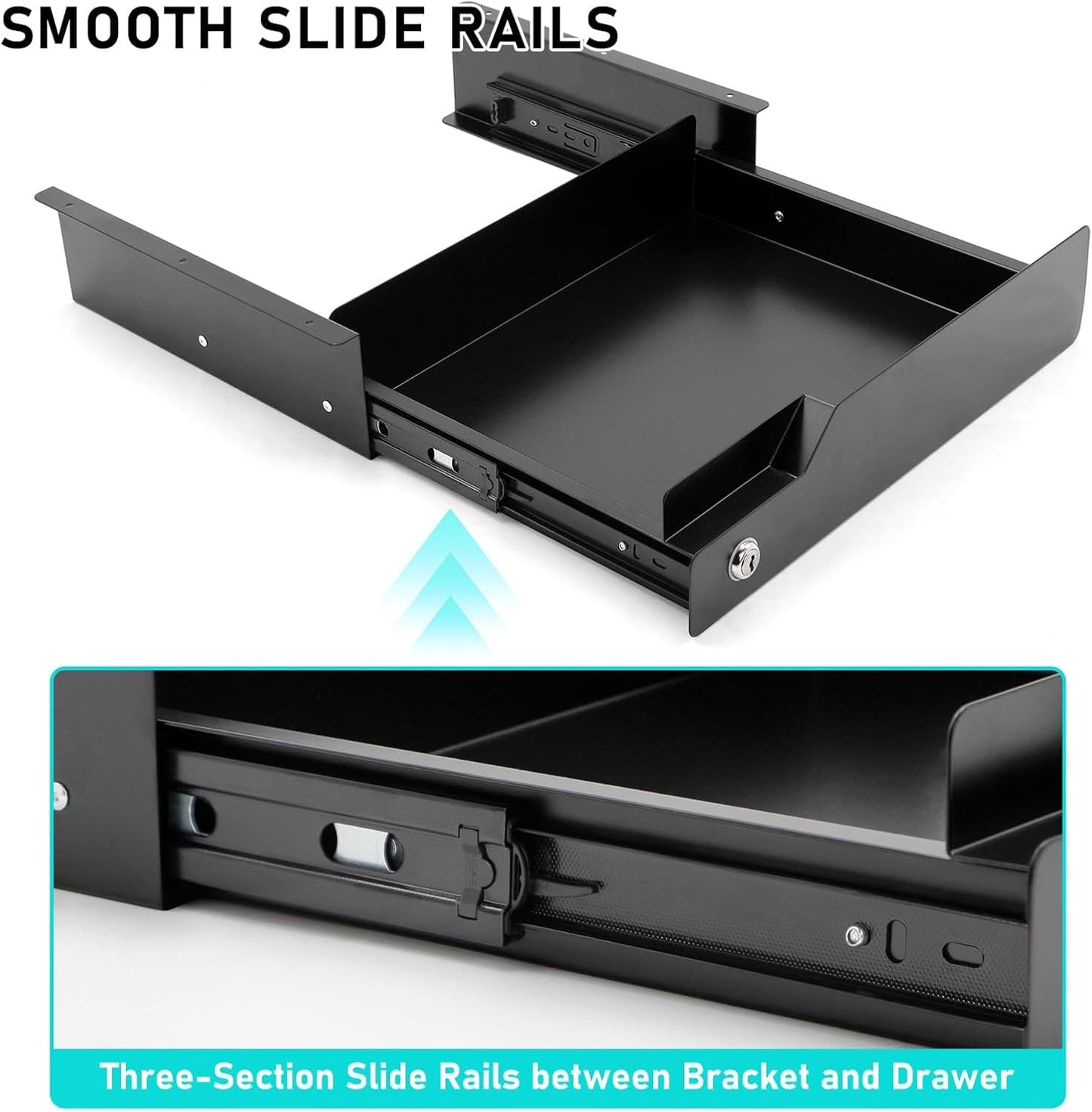 Under Desk Drawer Storage with Lock, Metal Undermount Table Drawer, Ball Bearing Slides Out Tray Organizer for Paper, Pencil, and Laptop 16"x11.8"x3.6", White