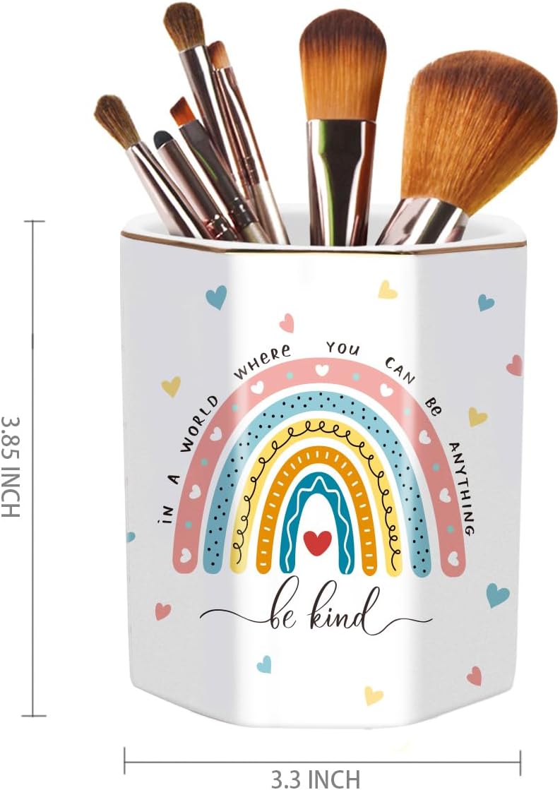 WAVEYU Ceramic Pen Holder for Desk Cute, Pencil Cup Pot Desk Organizer, Makeup Brush Holder for Women, Men, Kids, Desk Marble Decor for Office, Classroom, Home, Gray Golden