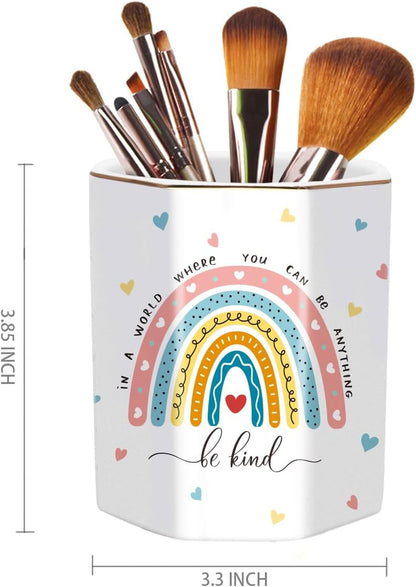 WAVEYU Ceramic Pen Holder for Desk Cute, Pencil Cup Pot Desk Organizer, Makeup Brush Holder for Women, Men, Kids, Desk Marble Decor for Office, Classroom, Home, Gray Golden