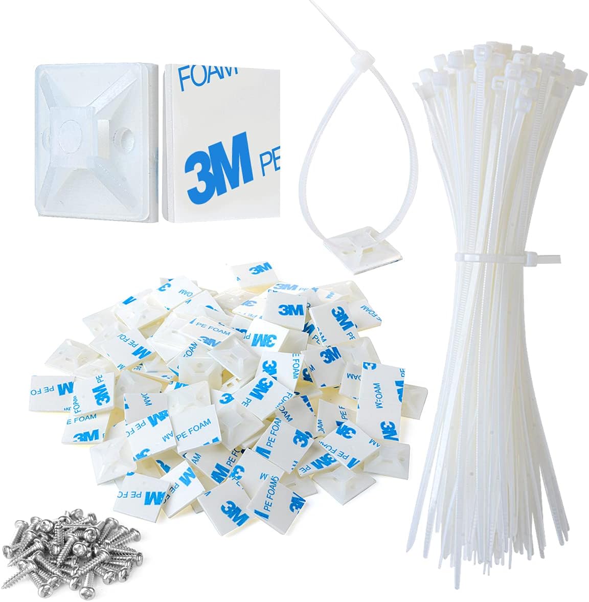 XHF 3/4" Strong Back-Glue Self Adhesive Black Cable Zip Tie Mounts 100pcs with 8" Zip Ties, Screws, UV Protection Outdoor Sticky Wire Fasteners Cable Clips Management Anchors Organizer Holders Squares