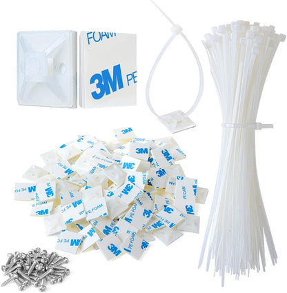 XHF 3/4" Strong Back-Glue Self Adhesive Black Cable Zip Tie Mounts 100pcs with 8" Zip Ties, Screws, UV Protection Outdoor Sticky Wire Fasteners Cable Clips Management Anchors Organizer Holders Squares