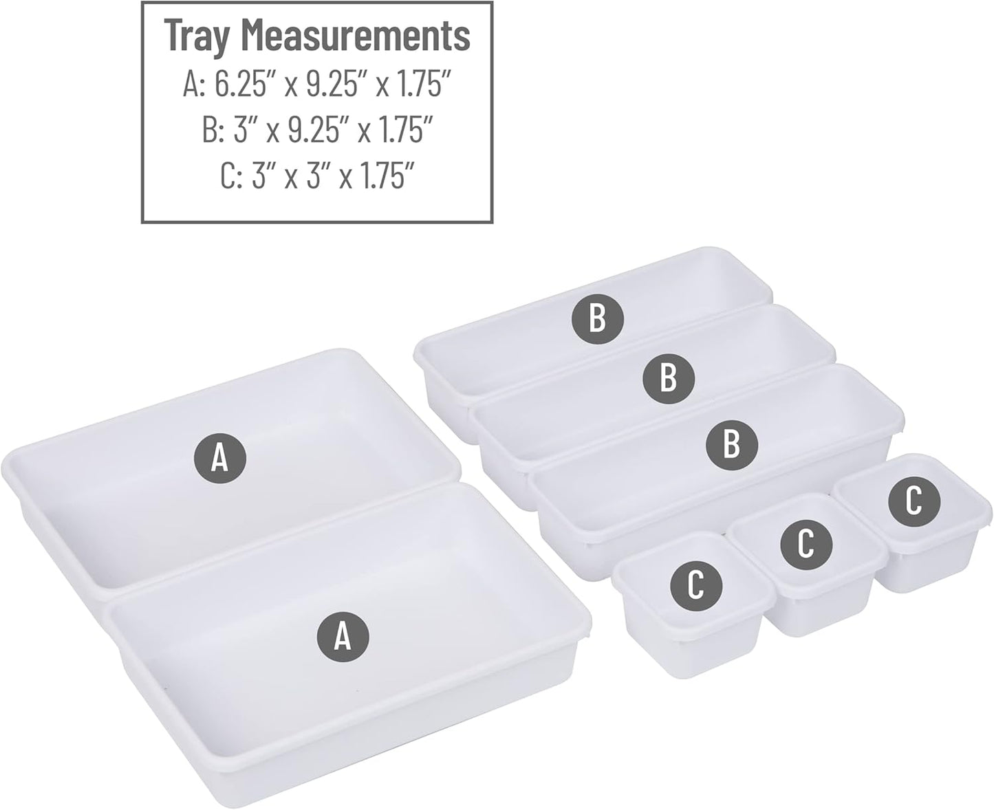 Mind Reader 8-Piece Drawer Organizer Set, Storage Trays for Kitchen, Bathroom, Office, Makeup, Jewelry & More, Junk Drawer Tray, Utensil Holder, Plastic, Clear