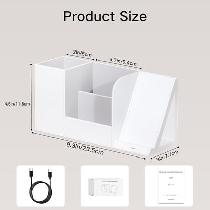 Multi-Functional Pencil Holder for Desk, Desk Organizers and Accessories with 4 Compartments for Office Art Supplies,Desk Phone Stand Charger for Desktop/Counter,Wihte Office Storage for Pens, Keys