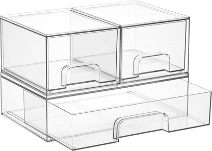 Vtopmart Stackable Storage Drawers Set of 4, Clear Plastic Organizer Bins for Bathroom Supplies,Ideal for Cabinet,Pantry,Laundry Room Organization