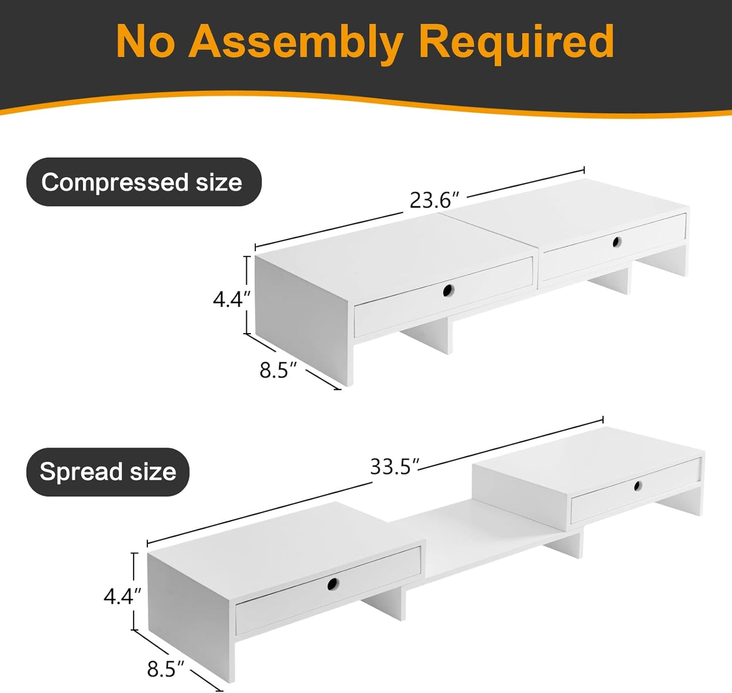 LAPTAIN Wooden Dual Monitor Stand with 2 Drawers, Monitor Stand Riser with Adjustable Length and Angle, Solid Wood Desktop Organizer Stand for Laptop/PC/Computer, No Assembly Required
