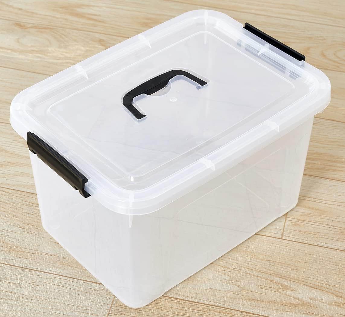 Stackable Plastic Black Storage Bins with Lids 6 Pack, 12 Quart Modular Organizer Boxes with Secure Latches for Closet, Pantry, Office and Small Item Storage