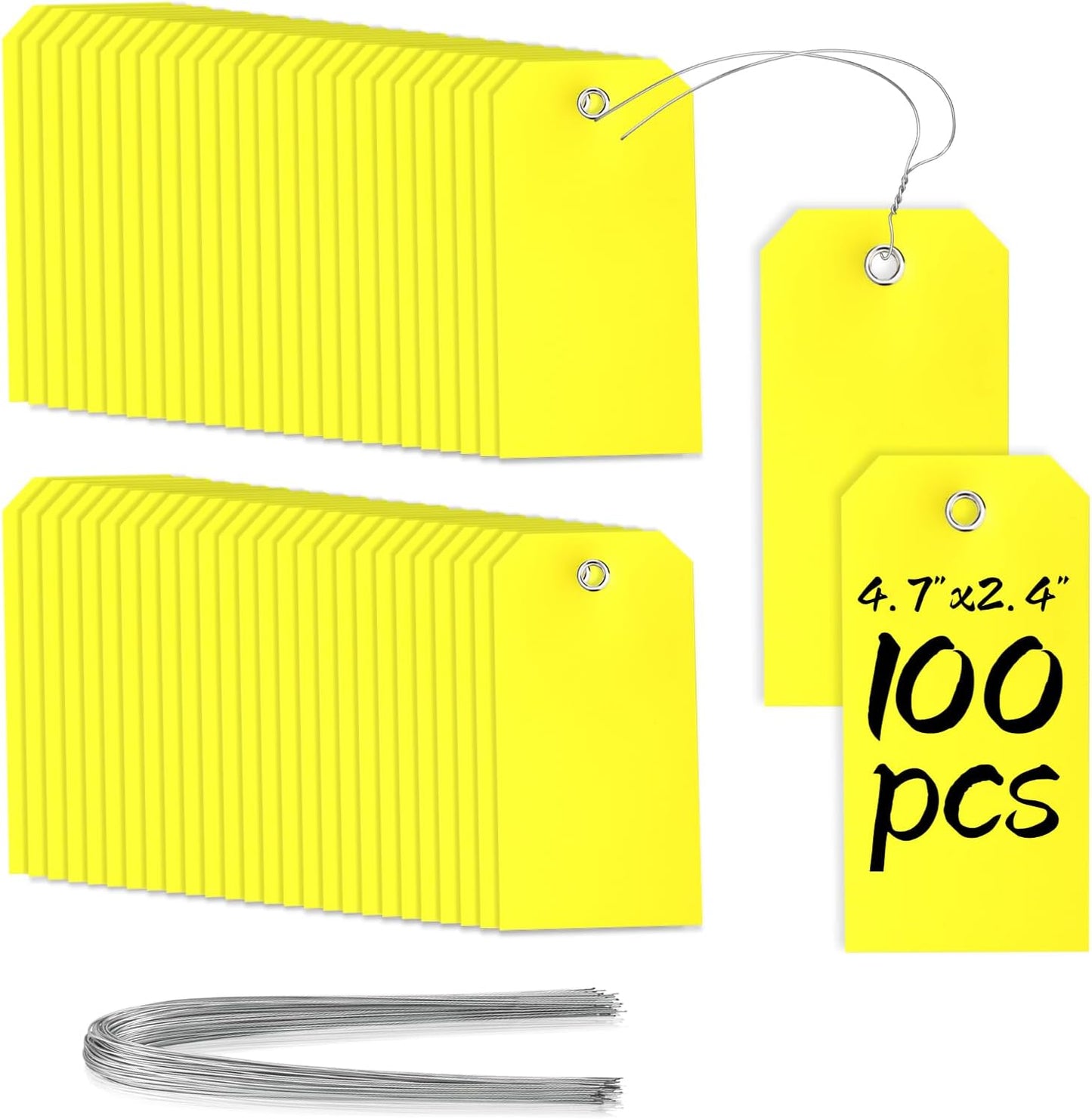 XUWAIDSGN 100 Yellow Plastic Shipping Tags with Wire, Pack of 100, 4 3/4" x 2 3/8", Durable, Waterproof, Blank, Writeable, Multi-Purpose Labels