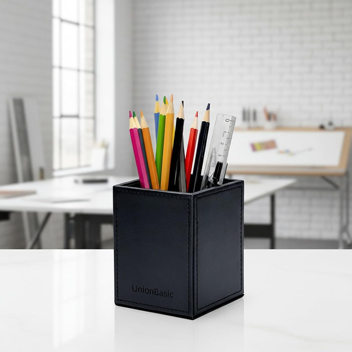 UnionBasic Square Pen Holder, Leather Pencil Cup, Desktop Caddy Stationery Organizer, Beige