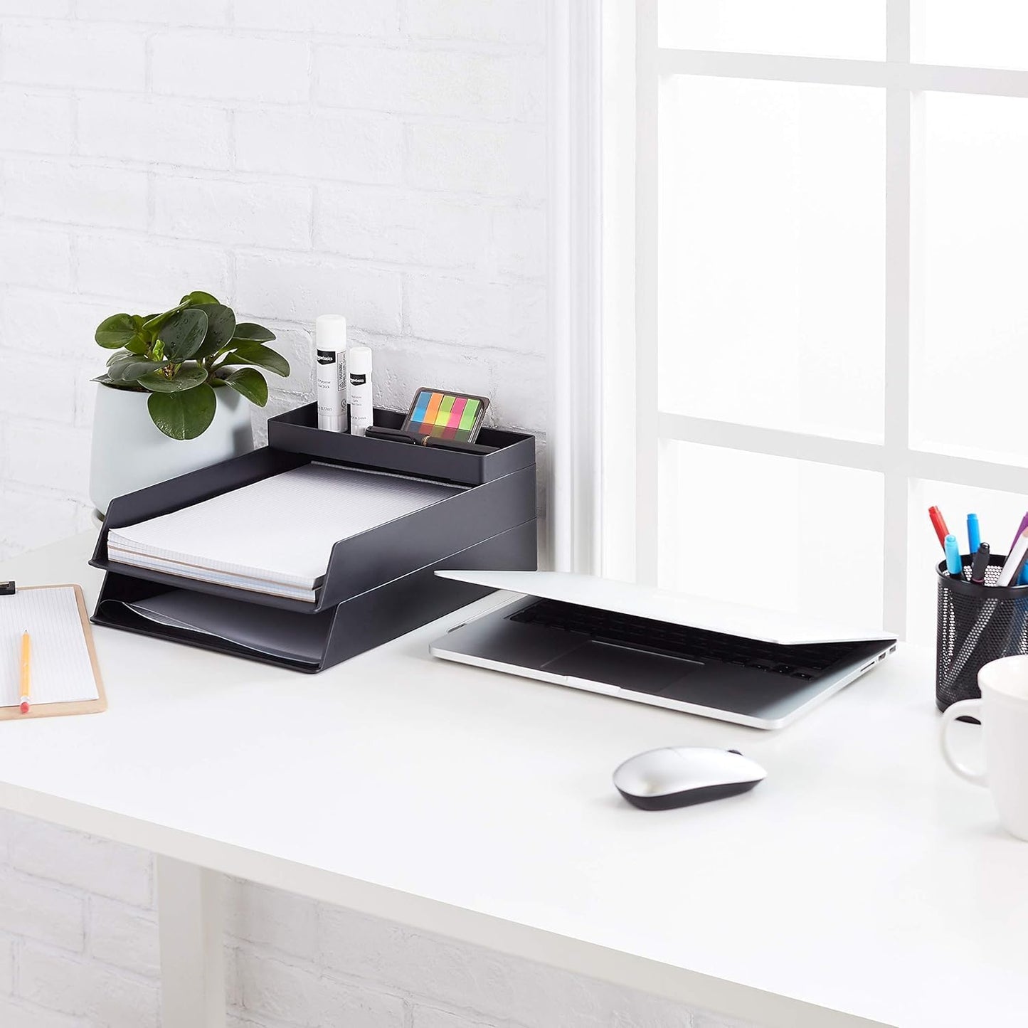 Amazon Basics Rectangular Plastic Desk Organizer, Half Accessory Tray for Office Supplies and Workspace Organization, 9.4" x 3.3" x 1", Black