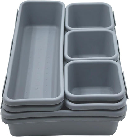 U-KIME 8-Piece Interlocking Drawer Organizer Trays, Light gray Plastic Modular Storage Bins for Kitchen, Bathroom, Office & Desk Drawers