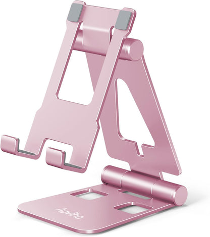 Aoviho Cell Phone Stand for Desk, Adjustable Desktop Phone Holder Stand, Foldable Moblie Phone Dock for iPhone17 16 15 14 13 12 11 Pro Xs Max Xr X 8 7 6 5 5s SE Nintendo Switch All Phones, Pink
