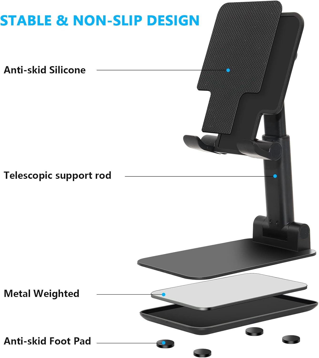 Cell Phone Stand, Folding Desktop Phone Stand, Angle Height Adjustable Mobile Phone Holder for Desk, Office, Tablet Stand Compatible with All Phones 4-10 Inches Cell Phone/Tablet (Black)