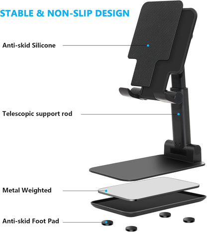 Cell Phone Stand, Folding Desktop Phone Stand, Angle Height Adjustable Mobile Phone Holder for Desk, Office, Tablet Stand Compatible with All Phones 4-10 Inches Cell Phone/Tablet (Black)