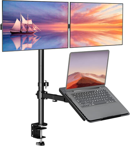 WALI Single Arm Laptop and Monitor Desk Mount for 17" Notebook and Up to 32" Screen, 2-in-1 Adjustable Monitor Arm with Laptop Tray, VESA 75x75 100x100,Holds 22-26.4 lbs, Black (GSMP001NLP)