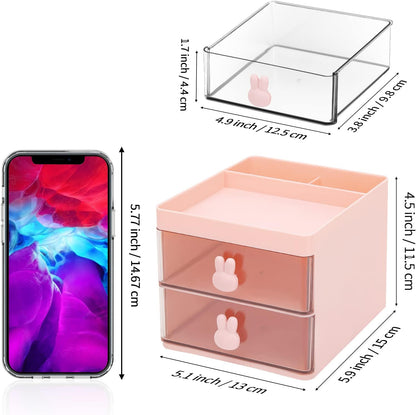 LETURE Small Desk Organizer With Drawer, Office Desktop Storage Box, Business Card/Pen/Pencil/Mobile Phone/Stationery Holder Storage Box, Makeup Organizer for Office School Home (Pink)