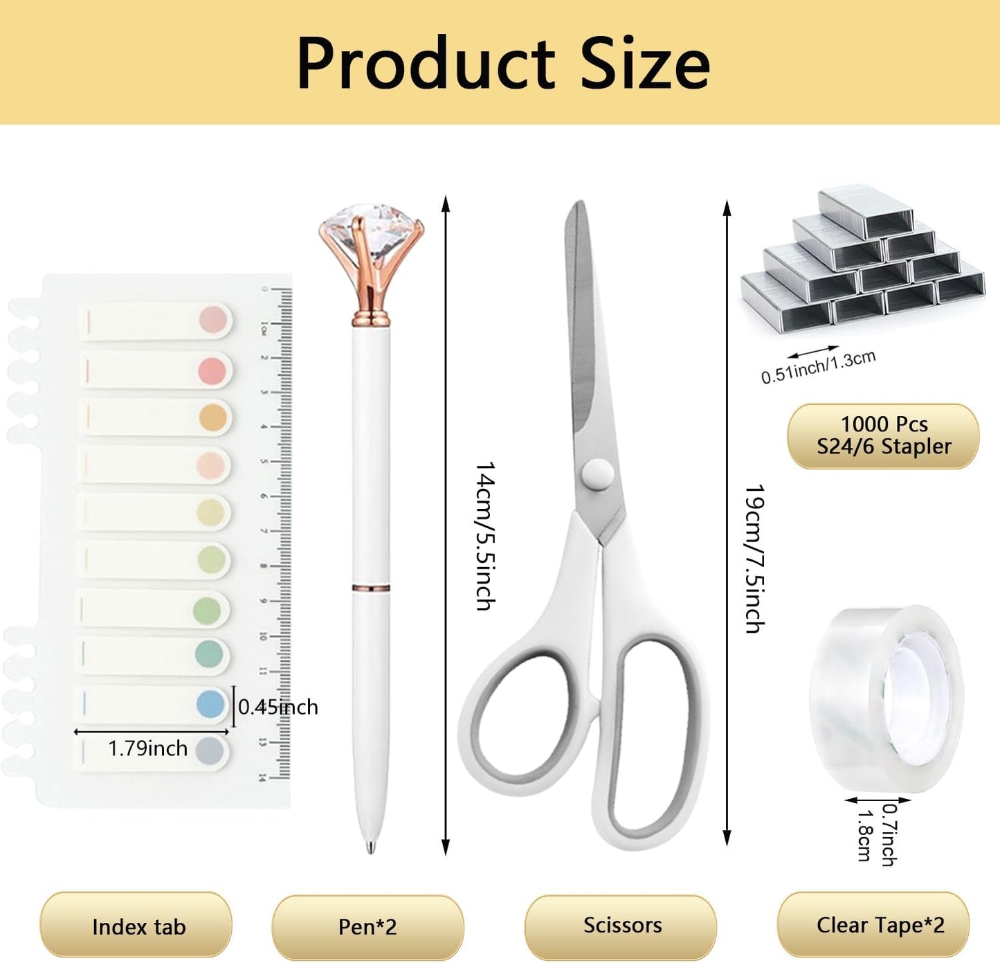 suniya Office Supplies,Gold Desk Accessories,with Stapler,Tape Dispenser,Pen Holder,Scissors,Phone Stand,Staple Remover,Ballpoint Pen,Clear Tape, Staples,Ruler,Clips,Best Gift for Business or Boss