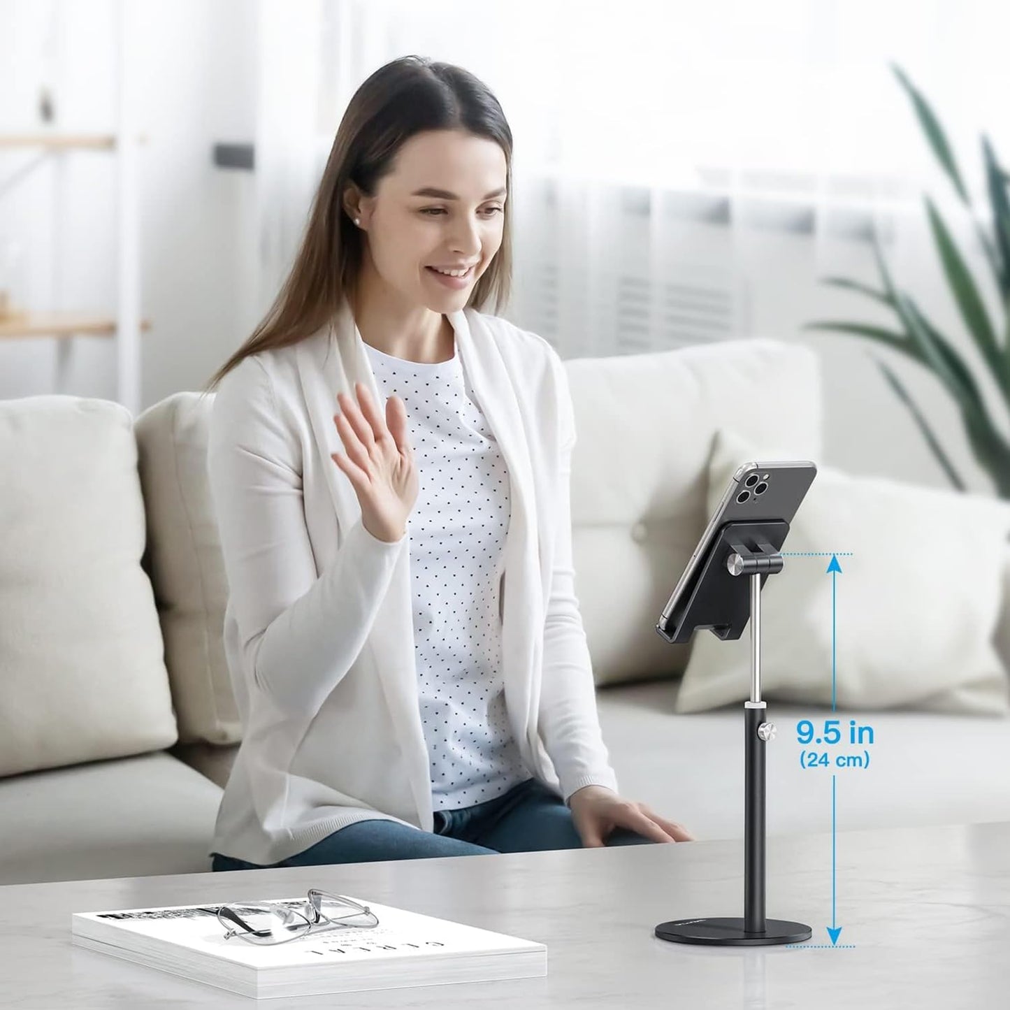 OMOTON Cell Phone Stand, Angle Height Adjustable Phone Holder, Aluminum Desktop Phone Dock for Desk, Compatible with iPhone 17 Pro Max, All Smartphones and Tablets(4-11''), Silver