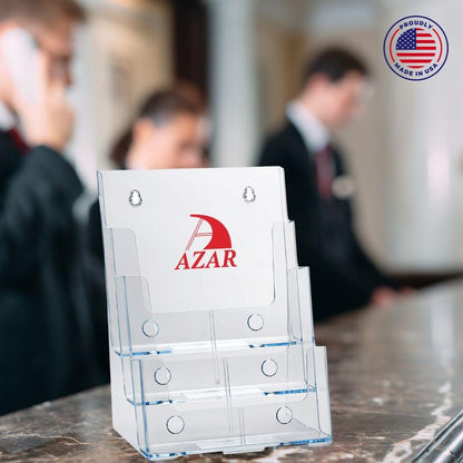 Azar Displays 252378, Brochure Holder, Acrylic Desk Organizer, Three Tier Document, Magazine & Sign Holder, Wall Mount Desk Accessories, Literature Display Stand, Divider for 4" Pamphlets, 8.5"x11"
