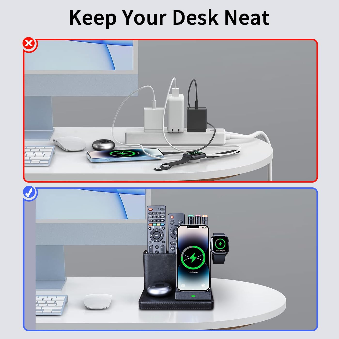 4 in 1 Wireless Charging Station with Desk Organizer, Leather Nightstand Office Organizer with Wireless Charger Stand for Multiple Devices iPhone 15 14 13 12 11 Pro Max and Samsung AirPods & iWatch