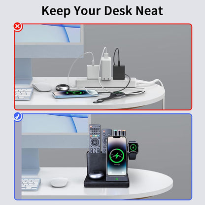 4 in 1 Wireless Charging Station with Desk Organizer, Leather Nightstand Office Organizer with Wireless Charger Stand for Multiple Devices iPhone 15 14 13 12 11 Pro Max and Samsung AirPods & iWatch