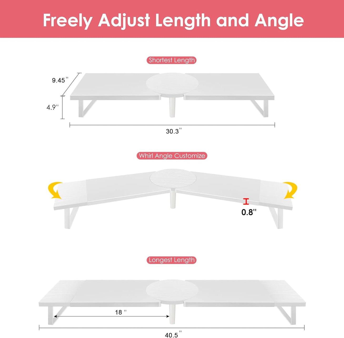 Across-Star Dual-Monitor-Stand-Riser-For-Desk Adjustable Length 32-40 Inch，Large Desktop Computer Monitor Riser For 2 Screens，Desk Shelf Organizer Riser Stand For Computer/Laptop/PC/Printer/TV Black