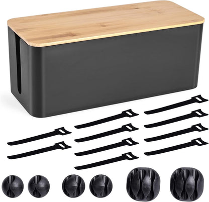 Cable Management Box - Wooden Style Large Cord Organizer to Hide Wires & Power Strips | Desk Computer Cable Organizer | Safe ABS Material | 16" (L) x 6.2" (W) 5.3" (H) | for Home & Office - Black