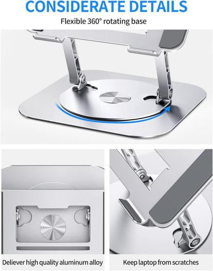 AOEVI Adjustable Computer Stand with 360 Rotating Base, Ergonimic Foldable Laptop Riser for Desk Compatible with MacBook Pro/Air Notebook up to 16 Inches, Silver