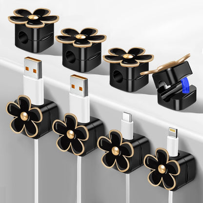 Magnetic Cord Organizer, Easy Secure Adhesive Cable Management, Wire Holder Organizer, Hide Or Organize Phone USB Charger Cable Clips for Home,Office,Car,Desk,Nightstand (White Flower-8 Pack)