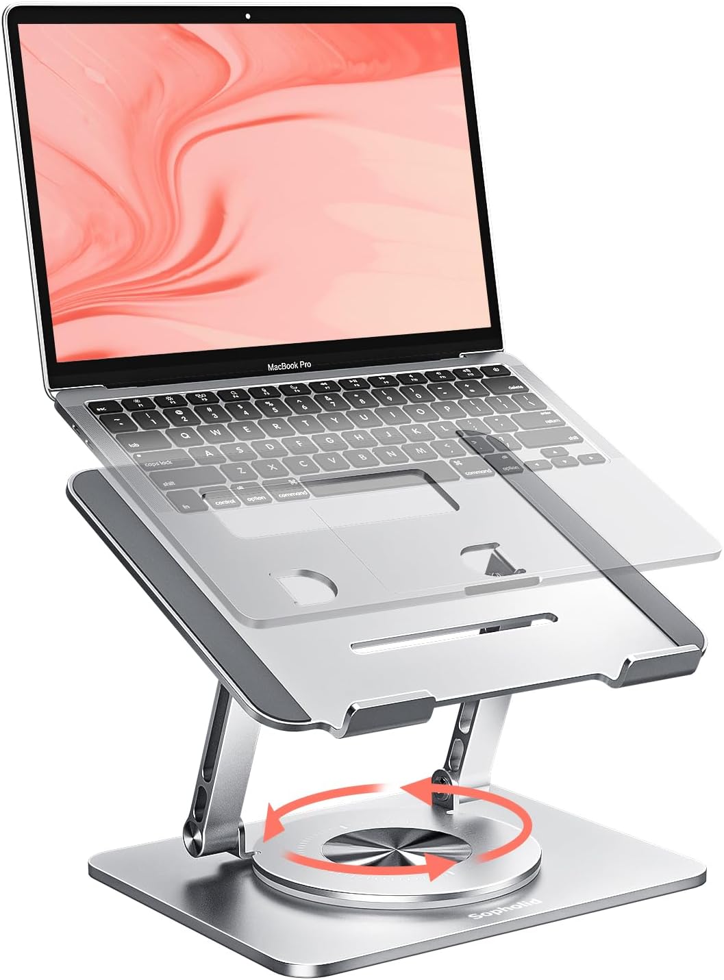 Laptop Stand for Desk, Adjustable Height & Angle Portable Aluminum Laptop Riser & Monitor Stand with 360° Swivel, Foldable Ergonomic Computer Stand for 10-17 Inch Laptops (MacBook/Dell/HP), Silver.