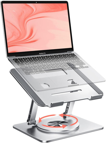 Laptop Stand for Desk, Adjustable Height & Angle Portable Aluminum Laptop Riser & Monitor Stand with 360° Swivel, Foldable Ergonomic Computer Stand for 10-17 Inch Laptops (MacBook/Dell/HP), Silver.