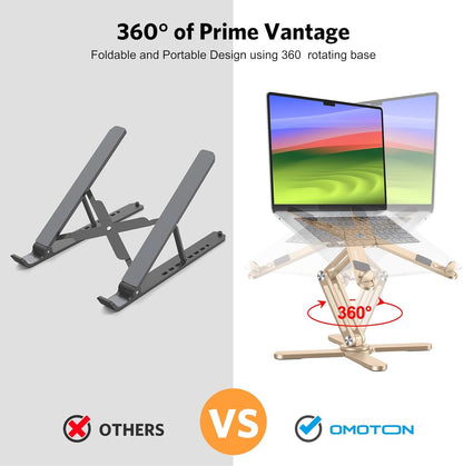 OMOTON LA10 360° Rotating Laptop Stand Riser for Desk, Ergonomic Foldable Computer Stand Adjustable Height Angles for Collaborative Work, Easy Storage Fit Macbooks,All Laptops up to 16 inches, Silver