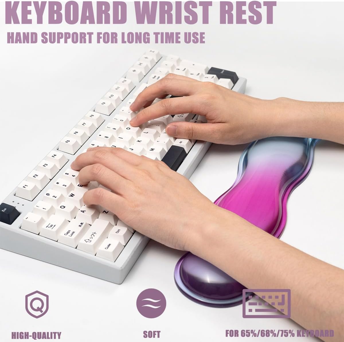 Ergonomic Gel Keyboard and Mouse Wrist Rest Set – Clear Wrist Rest for Computer Keyboard 60%/68%/75%, Comfort & Support for Typing and Gaming (Grey Purple)