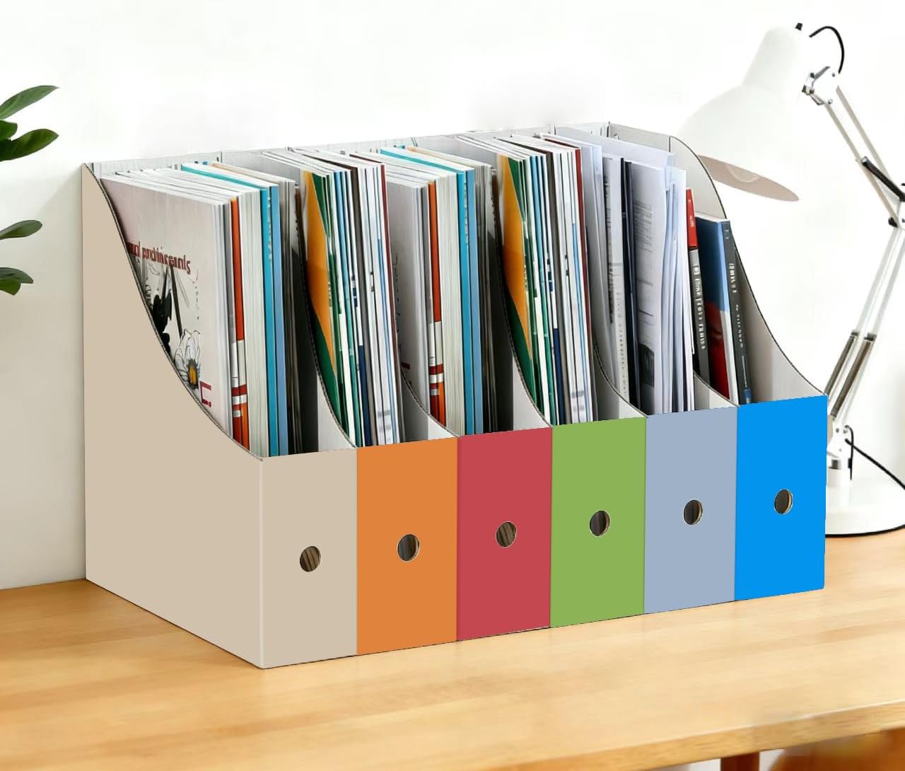 Limitliho Magazine File Folder Holder for Desk, Book Bins for Classroom Library,Office,Home, 10.6" H x 10.2" L x 3.5" W in Cardboard Paper Organizer (Six color, 6 Pack)