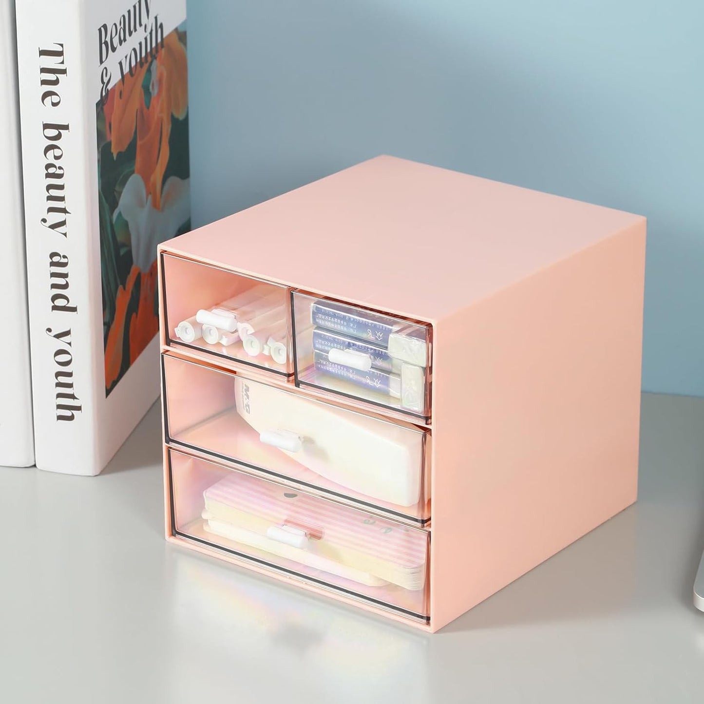 MILULUGO Makeup Organizer with 4 Drawers, Desk Organizer, Cosmetics Storage Box for nail polish, Lipstick, Brushes, Jewelry, Skincare, Bathroom Organization Boxes - White